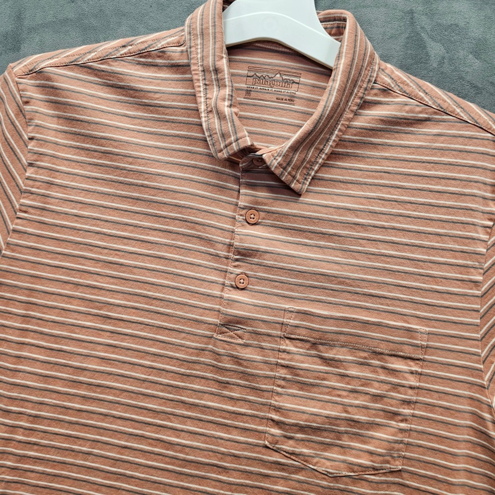 Patagonia Mens M Striped Short Sleeve Polo Shirt Pink Grey 100% Cotton 53251
